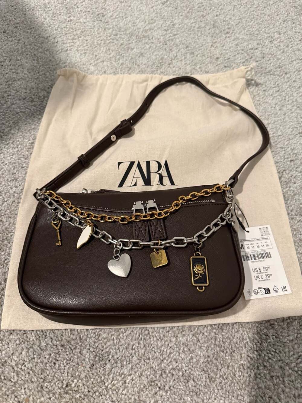 Zara Brown Chain Shoulder Bag with Charms